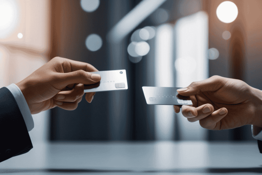 Two people holding credit cards toward each other, illustrating a shared credit card account between a primary cardholder and an authorized user.