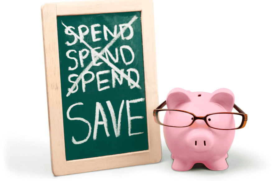 Pink piggy bank with glasses beside a chalkboard that says “Spend” crossed out and “Save” written below.